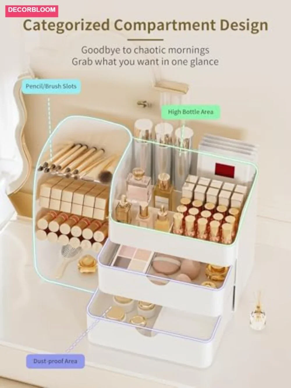 Large Capacity Makeup Organizer with Drawers, Countertop Cosmetic Display Case